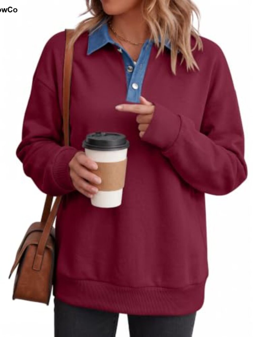 Women's Button Up Denim Collared Fleece Henley Sweatshirt Pullover